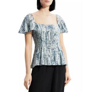 Theory Top Godet Cascade Blue Silk Flutter Sleeve Blouse SZ 4 NEW $325